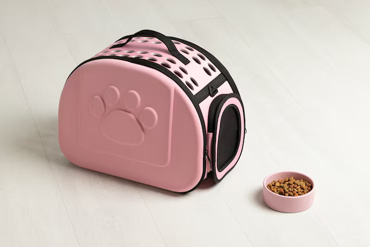 Deluxe Breathable Pet Carrier & Matching Ceramic Bowl Set – Soft Pink Paw Edition